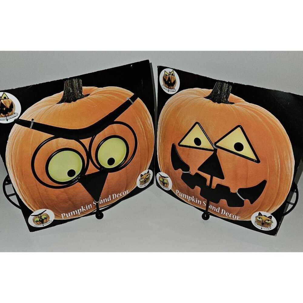 2 Black Metal Pumpkin Stand Decor Lot Owl Jack-O-Lantern Halloween NEVER USED